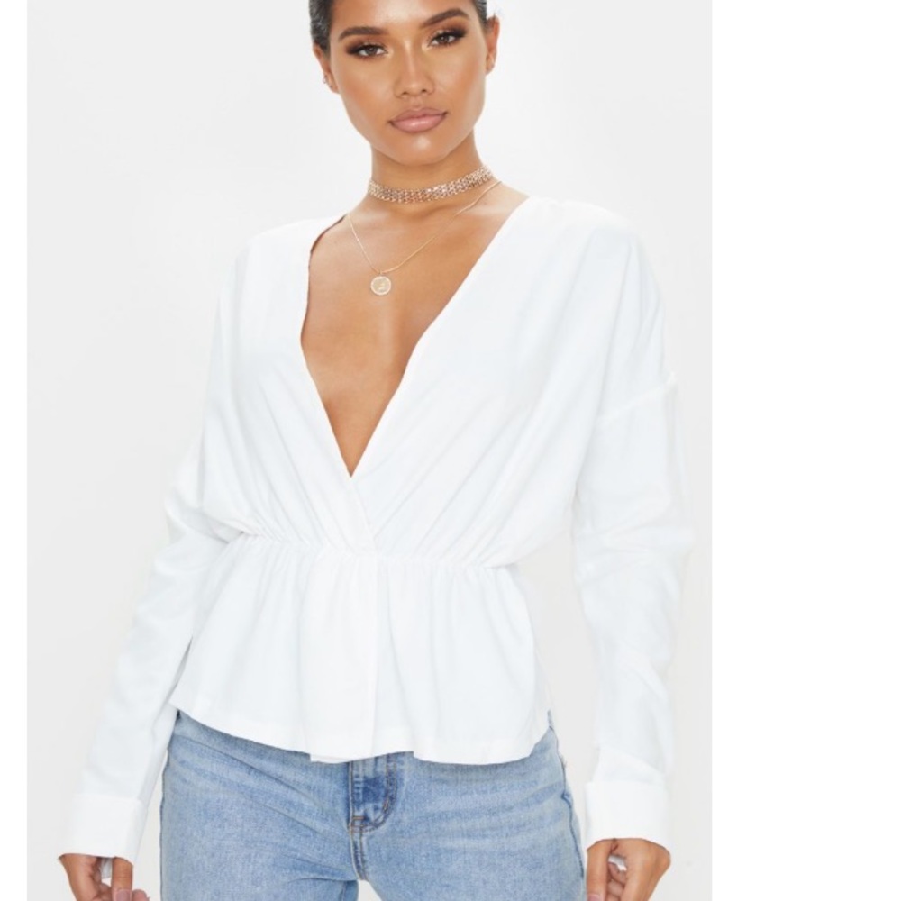 White Woven Wrap Front Blouse